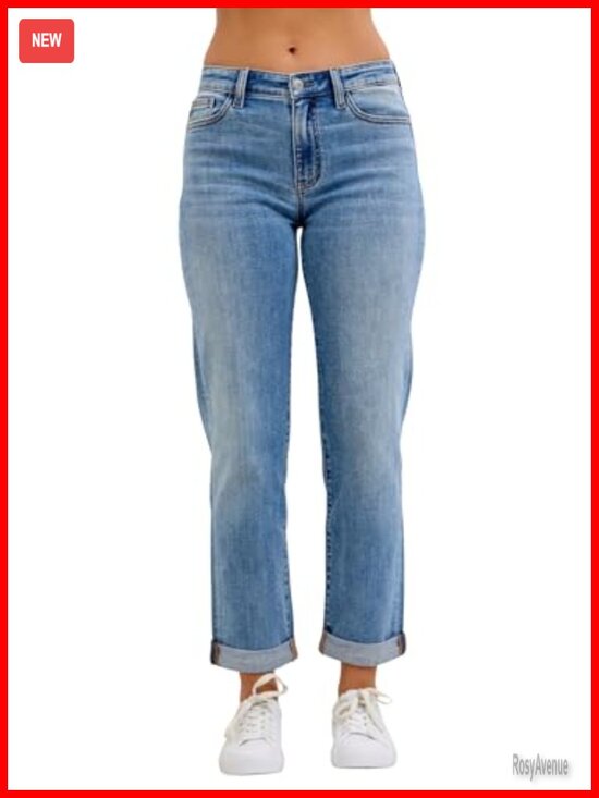 Denim - Mid Rise Light Wash Cuffed Boyfriend Jeans